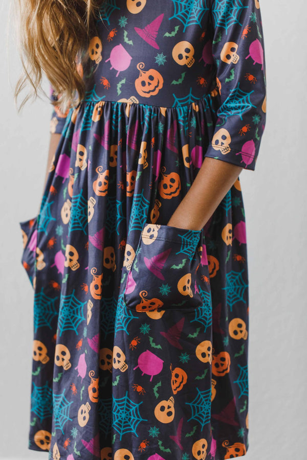 skeleton-web-3-4-sleeve-pocket-twirl-dress Mila &  Rose - Sophia's Style-Skeleton Web 3/4 Sleeve Pocket Twirl Dress-6-12M--1